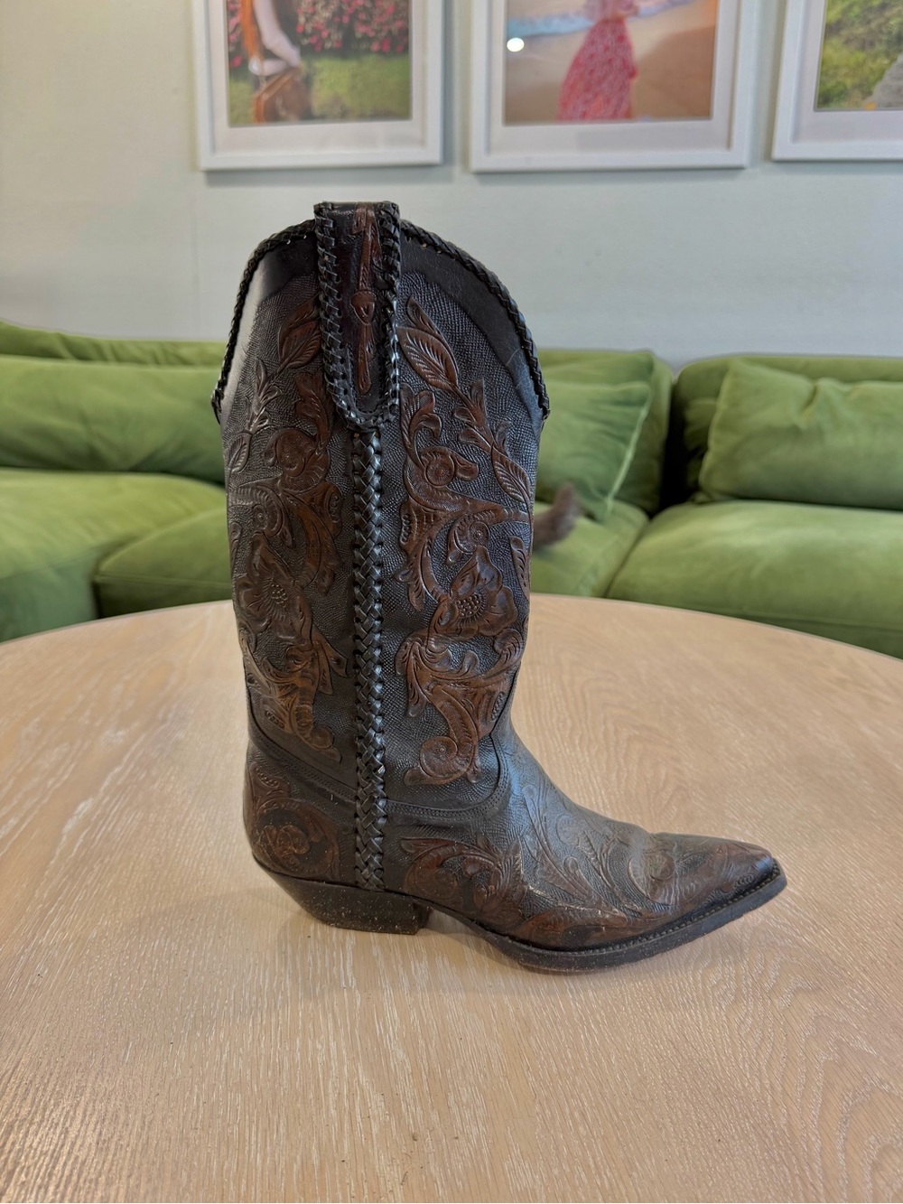 Vintage Brown Hand Tooled Leather engraved Cowboy Boot Snip toe one of a kind